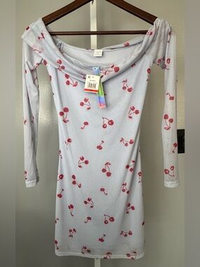 Tinsel Town Cherry Print Mini Dress XS Blue Mesh NWT Y2K